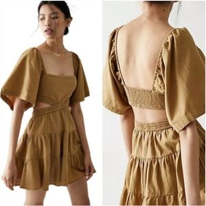 Tan Free People Smocked Cut Out Dress
